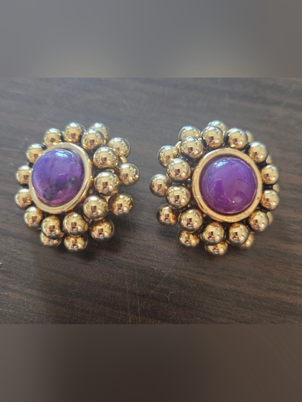 Gold-Tone Floral Clip Earrings with Purple Cabochon